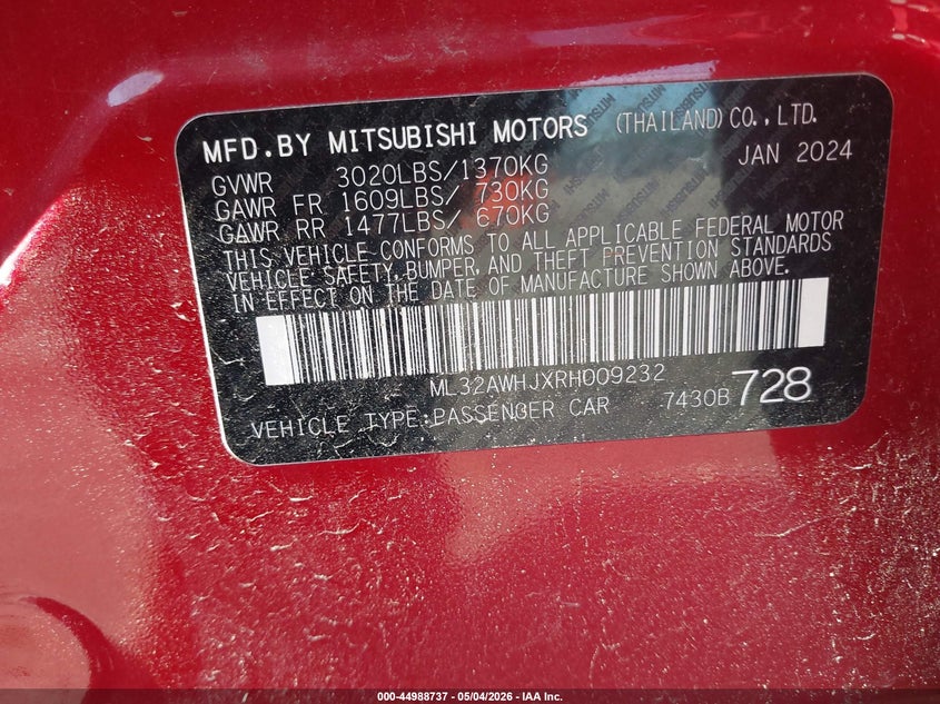 2024 Mitsubishi Mirage VIN ML32AWHJXRH009232 IAAI salvage auction — SIDE, Salvage (Illinois), sold $500 on 2026-07-08 (photo 9)