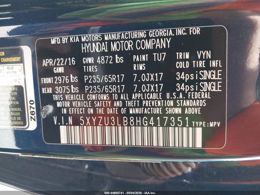 2017 Hyundai Santa fe VIN 5XYZU3LB8HG417351 IAAI salvage auction — RIGHT FRONT, Original (Texas), sold $4,000 on 2026-07-09 (photo 9)