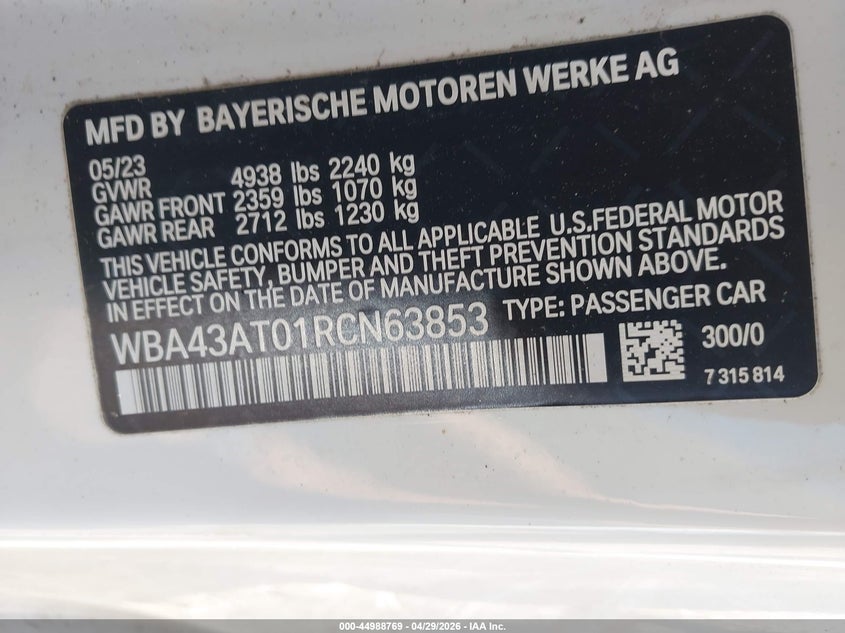 2024 BMW 4er VIN WBA43AT01RCN63853 IAAI salvage auction — FRONT END, Salvage Title, sold $10,900 on 2026-07-10 (photo 9)