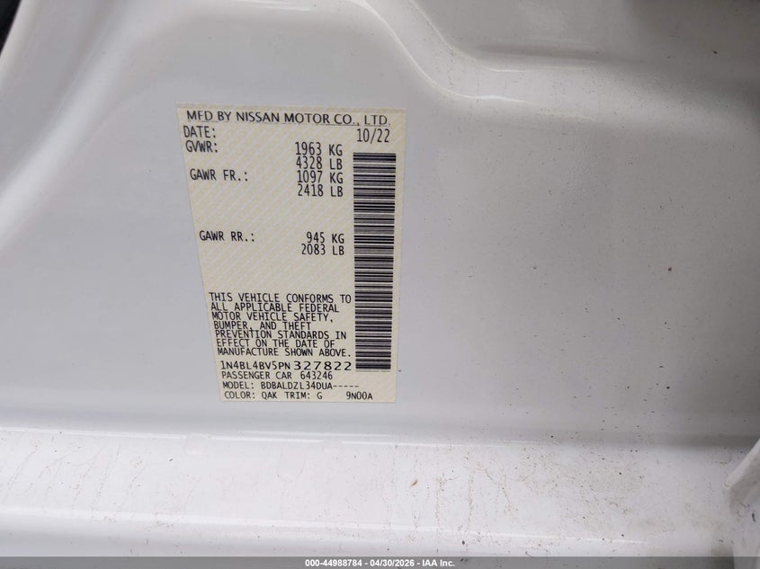 2023 Nissan Altima VIN 1N4BL4BV5PN327822 IAAI salvage auction — FRONT END, Salvage (Alabama), sold $775 on 2026-07-09 (photo 9)