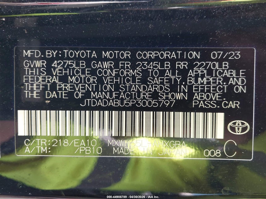 2023 Toyota Prius VIN JTDADABU5P3005797 IAAI salvage auction — SIDE, Salvage - Greater Than 75% (Maryland), sold $6,975 on 2026-07-16 (photo 9)