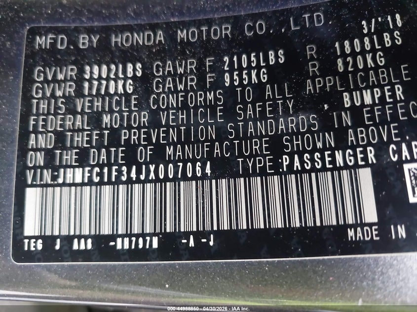 2018 Honda Civic VIN JHMFC1F34JX007064 IAAI salvage auction — RIGHT FRONT, Salvage (North Carolina), sold $4,250 on 2026-07-09 (photo 9)
