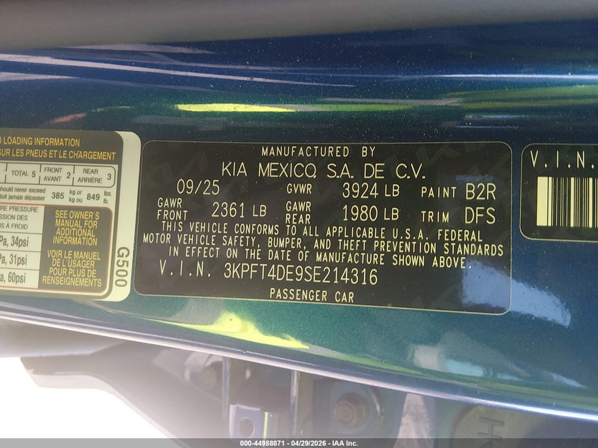 2025 Kia K4 VIN 3KPFT4DE9SE214316 IAAI salvage auction — RIGHT FRONT, Salvage Title, sold $5,300 on 2026-07-18 (photo 9)