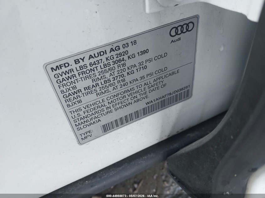 2018 Audi Q7 VIN WA1AHAF79JD036281 IAAI salvage auction — UNDERCARRIAGE, Salvage (Massachusetts), sold $7,900 on 2026-07-18 (photo 8)