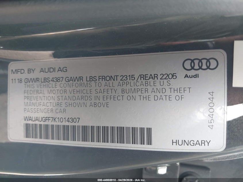 2019 Audi A3 VIN WAUAUGFF7K1014307 IAAI salvage auction — FRONT END, Salvage (Texas), sold $1,975 on 2026-07-22 (photo 9)