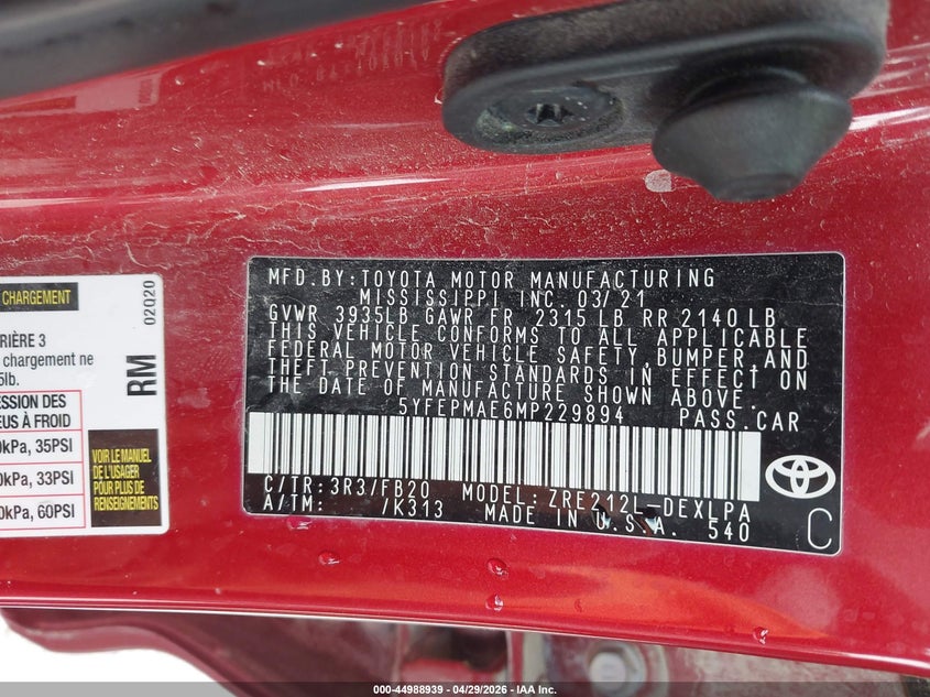 2021 Toyota Corolla VIN 5YFEPMAE6MP229894 IAAI salvage auction — FRONT END, Salvage Title, sold $2,350 on 2026-07-07 (photo 9)