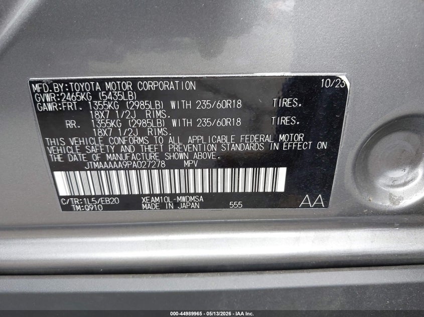 2023 Toyota Bz4x VIN JTMAAAAA9PA027278 IAAI salvage auction — REAR END, Salvage Certificate (California), sold $8,300 on 2026-07-15 (photo 9)