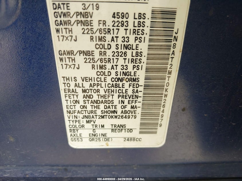 2019 Nissan Rogue VIN JN8AT2MT0KW264979 IAAI salvage auction — FRONT END, Salvage Title, sold $2,000 on 2026-07-29 (photo 9)