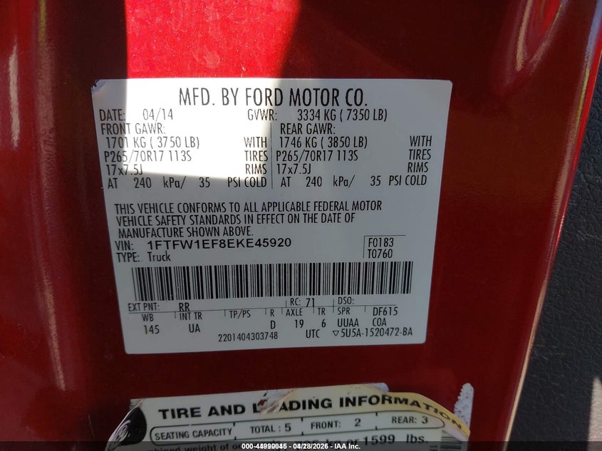 2014 Ford F-150 VIN 1FTFW1EF8EKE45920 IAAI salvage auction — FRONT END, Salvage (California), sold $3,550 on 2026-07-09 (photo 9)