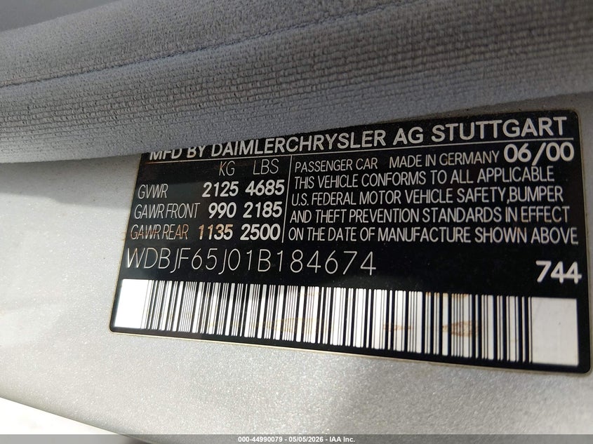 2001 Mercedes-benz E-class VIN WDBJF65J01B184674 IAAI salvage auction — RIGHT FRONT, Salvage (South Carolina), sold $425 on 2026-07-07 (photo 9)