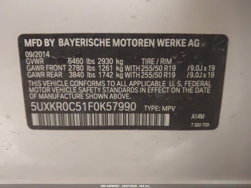 2015 BMW X5 VIN 5UXKR0C51F0K57990 IAAI salvage auction — REAR END, Regular (South Dakota), sold $2,900 on 2026-07-29 (photo 9)