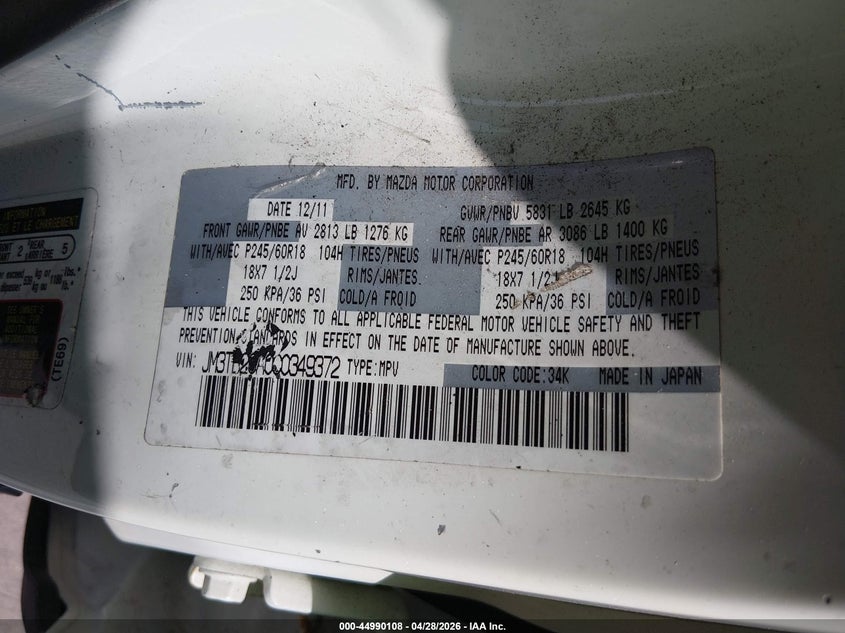 2012 Mazda Cx-9 VIN JM3TB2CA0C0349372 IAAI salvage auction — INTERIOR BURN, Non-Repairable (Texas), sold $50 on 2026-07-23 (photo 9)