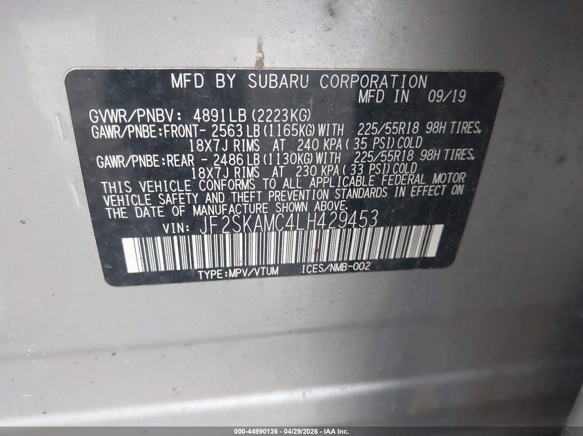 2020 Subaru Forester VIN JF2SKAMC4LH429453 IAAI salvage auction — FRONT END, Salvage Title, sold $2,275 on 2026-07-09 (photo 9)