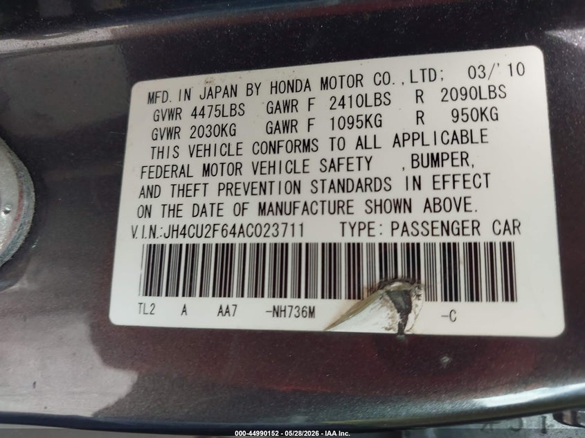 2010 Acura Tsx VIN JH4CU2F64AC023711 IAAI salvage auction — REAR END, Rebuildable (Florida), sold $375 on 2026-07-16 (photo 9)