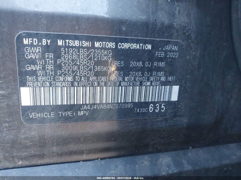 2022 Mitsubishi Outlander VIN JA4J4VA84NZ070995 IAAI salvage auction — RIGHT REAR, Salvage (Minnesota), sold $9,900 on 2026-07-06 (photo 9)
