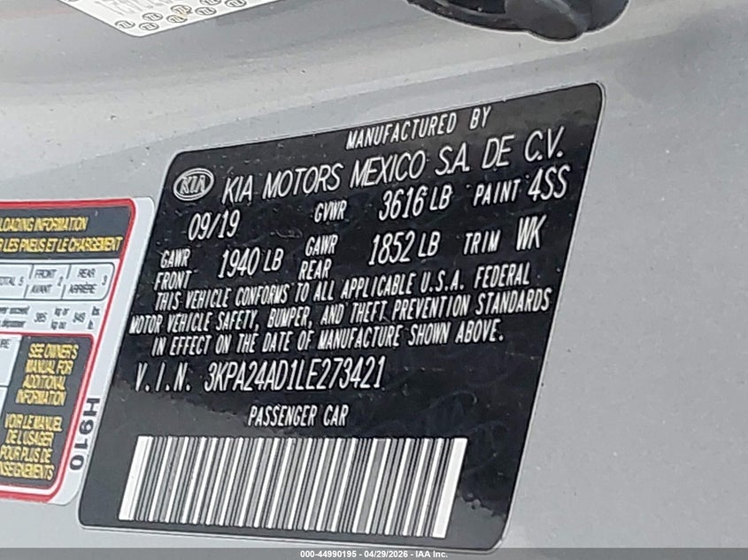 2020 Kia Rio VIN 3KPA24AD1LE273421 IAAI salvage auction — REAR END, Salvage Title, sold $1,350 on 2026-07-17 (photo 9)