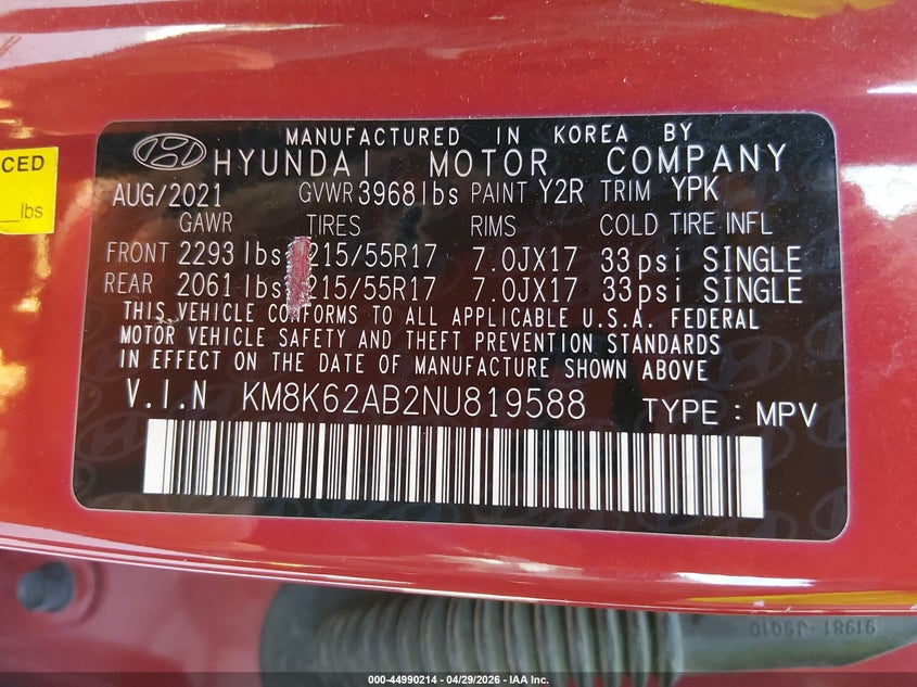 2022 Hyundai Kona VIN KM8K62AB2NU819588 IAAI salvage auction — REAR END, Salvage Title, sold $3,900 on 2026-07-09 (photo 9)