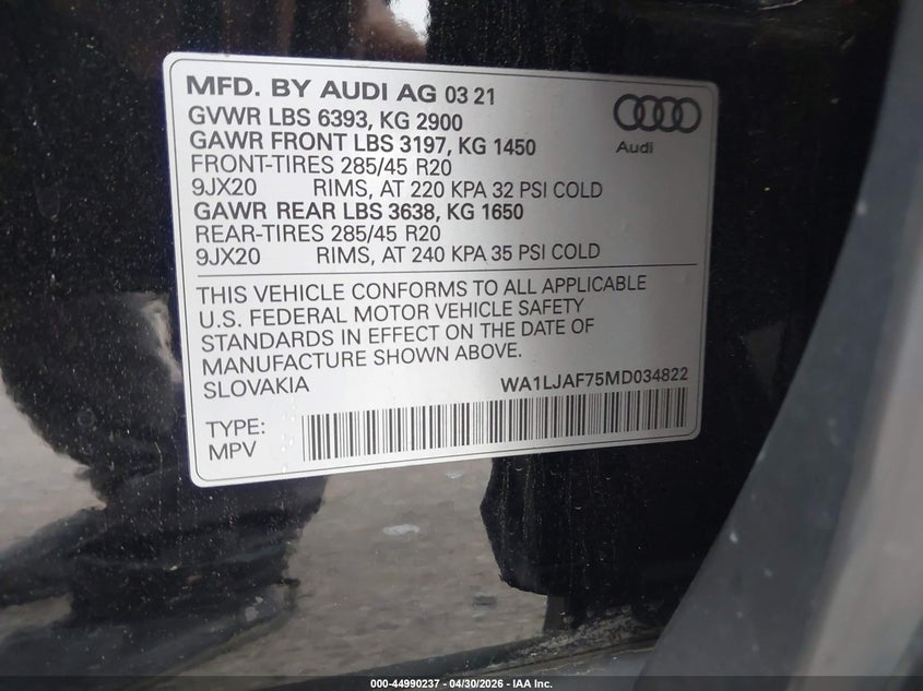 2021 Audi Q7 VIN WA1LJAF75MD034822 IAAI salvage auction — FRONT END, Salvage (Texas), sold $5,850 on 2026-07-28 (photo 9)