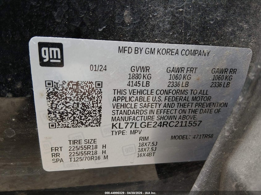 2024 Chevrolet Trax VIN KL77LGE24RC211557 IAAI salvage auction — FRONT END, Original (Texas), sold $3,400 on 2026-07-06 (photo 9)