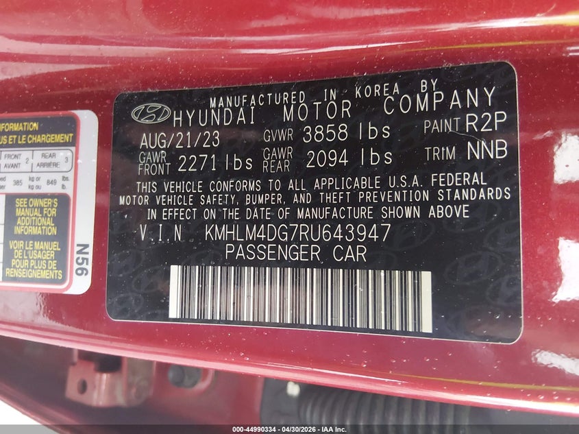 2024 Hyundai Elantra VIN KMHLM4DG7RU643947 IAAI salvage auction — FRONT END, Salvage (South Carolina), sold $3,950 on 2026-07-23 (photo 9)