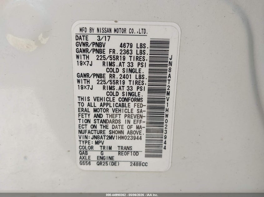2017 Nissan Rogue VIN JN8AT2MV1HW023944 IAAI salvage auction — HAIL, Salvage (Iowa), sold $4,525 on 2026-07-13 (photo 9)