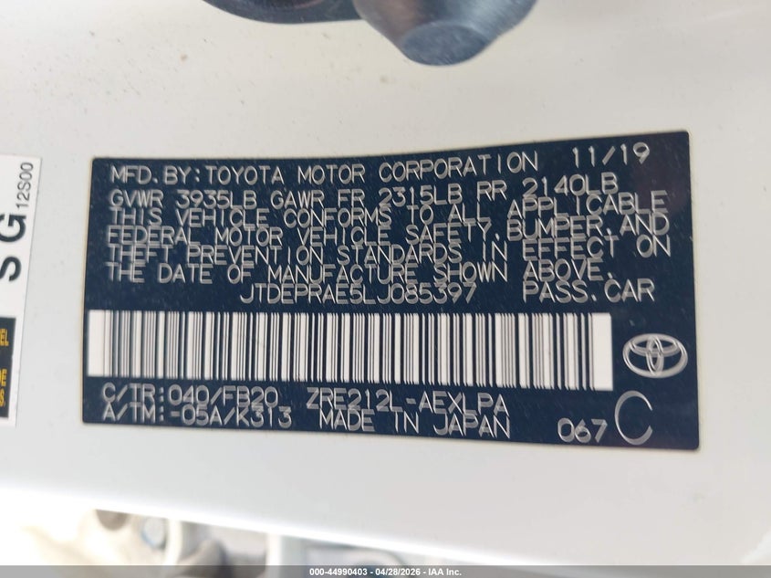 2020 Toyota Corolla VIN JTDEPRAE5LJ085397 IAAI salvage auction — LEFT SIDE, Original (Texas), sold $4,150 on 2026-07-23 (photo 9)