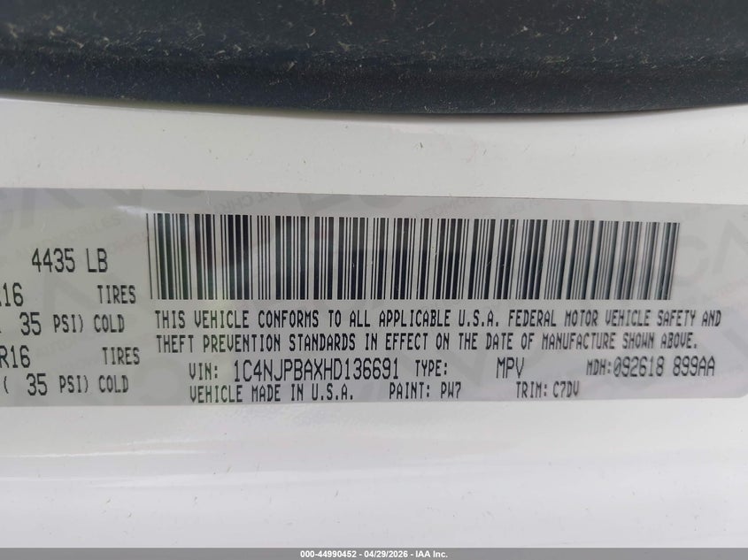 2017 Jeep Liberty (patriot) VIN 1C4NJPBAXHD136691 IAAI salvage auction — FRONT & REAR, Salvage Title, sold $825 on 2026-08-24 (photo 9)