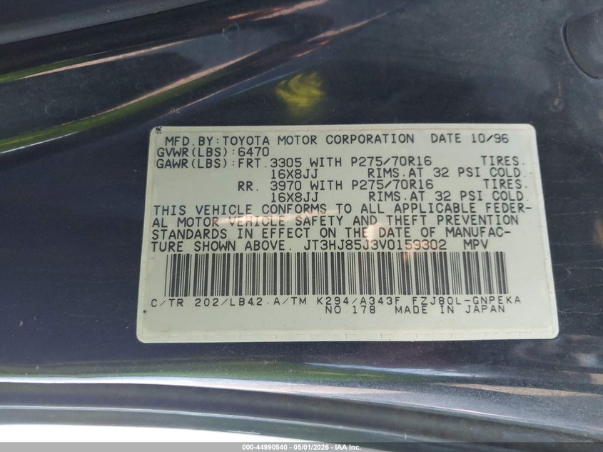 1997 Toyota Land cruiser VIN JT3HJ85J3V0159302 IAAI salvage auction — LEFT & RIGHT, Certificate Of Title (Nebraska), sold $3,400 on 2026-07-30 (photo 9)
