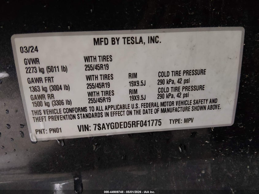 2024 Tesla Model y VIN 7SAYGDED5RF041775 IAAI salvage auction — FRONT & REAR, Salvage (Texas), sold $6,000 on 2026-07-28 (photo 9)