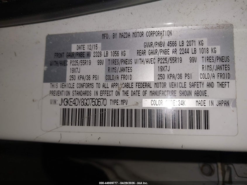 2016 Mazda Cx-5 VIN JM3KE4DY8G0750670 IAAI salvage auction — FRONT & REAR, Mv-907A (New York), sold $925 on 2026-07-29 (photo 9)