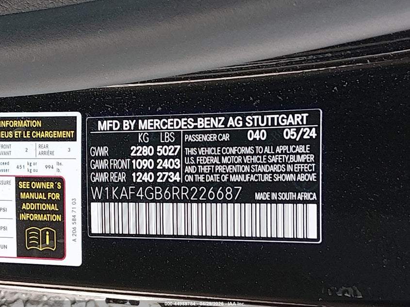 2024 Mercedes-benz C-klasse VIN W1KAF4GB6RR226687 IAAI salvage auction — REAR END, Salvage Title, sold $25,550 on 2026-07-22 (photo 9)