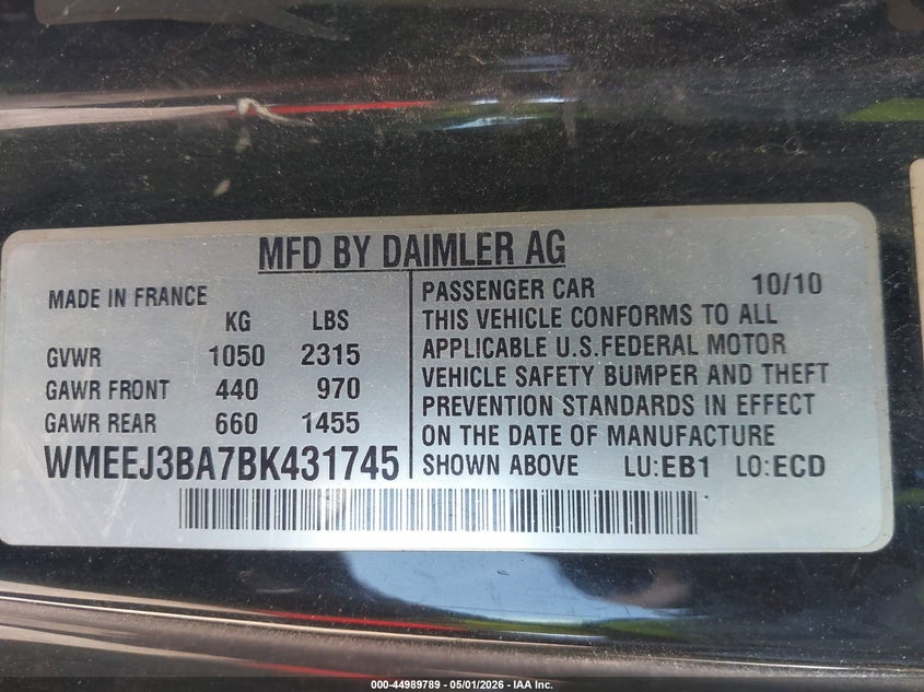 2011 Smart Fortwo VIN WMEEJ3BA7BK431745 IAAI salvage auction — FRONT END, Salvage (District Of Columbia), sold $600 on 2026-08-19 (photo 9)