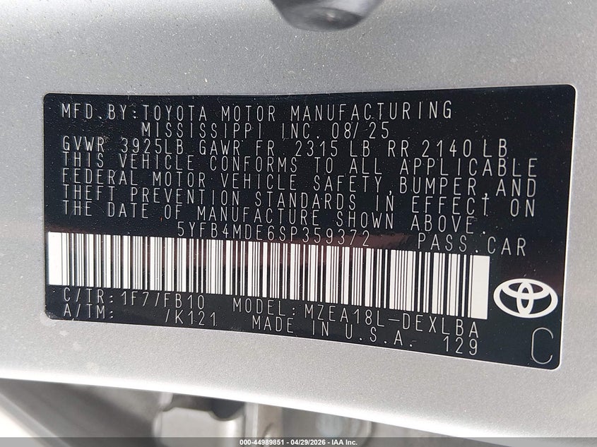 2025 Toyota Corolla VIN 5YFB4MDE6SP359372 IAAI salvage auction — RIGHT SIDE, Salvage (New Jersey), sold $4,500 on 2026-07-27 (photo 9)