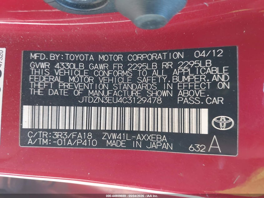 2012 Toyota Prius v VIN JTDZN3EU4C3129478 IAAI salvage auction — FRONT & REAR, Wait Title, sold $625 on 2026-07-15 (photo 9)