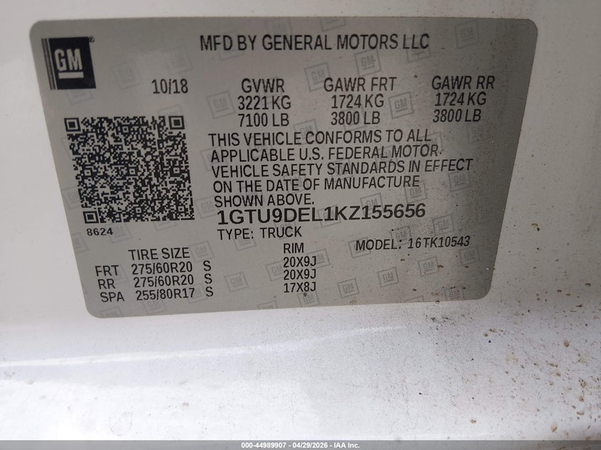 2019 Gmc SIERRA VIN 1GTU9DEL1KZ155656 IAAI salvage auction — FRONT END, Salvage (Texas), sold $13,500 on 2026-07-30 (photo 9)