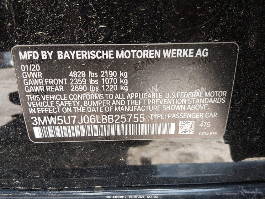 2020 BMW 3er VIN 3MW5U7J06L8B25755 IAAI salvage auction — REAR END, Salvage (Georgia), sold $19,100 on 2026-07-30 (photo 9)
