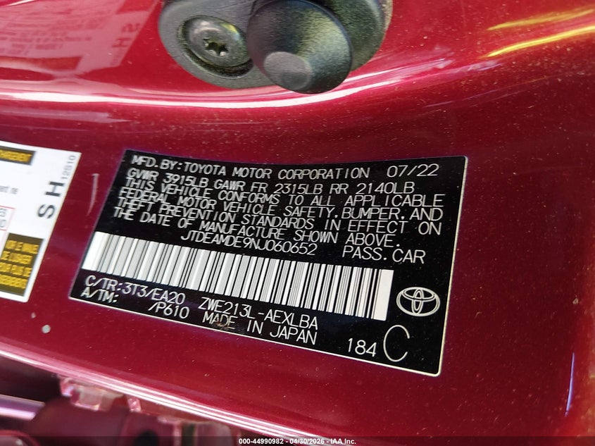 2022 Toyota Corolla VIN JTDEAMDE9NJ060652 IAAI salvage auction — FRONT END, Salvage (Indiana), sold $4,000 on 2026-07-29 (photo 9)