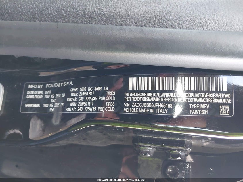 2018 Jeep Renegade VIN ZACCJBBB3JPH55188 IAAI salvage auction — FRONT END, Clear (Indiana), sold $725 on 2026-07-07 (photo 9)