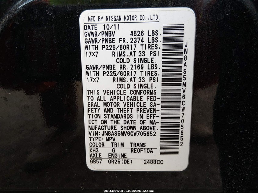 2012 Nissan Rogue VIN JN8AS5MV6CW705652 IAAI salvage auction — REAR END, Salvage (Idaho), sold $500 on 2026-07-16 (photo 9)