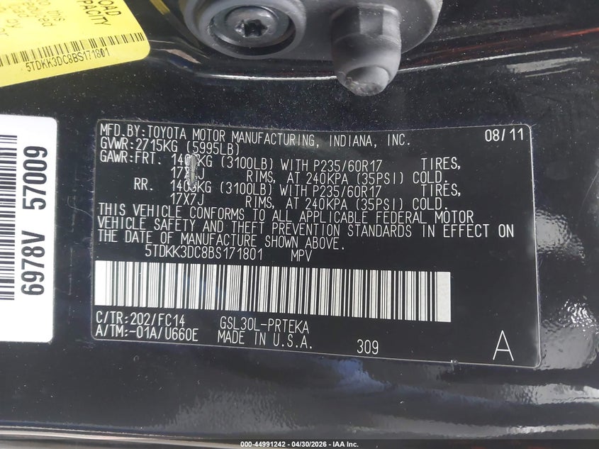 2011 Toyota Sienna VIN 5TDKK3DC8BS171801 IAAI salvage auction — FRONT END, Mv-907A (New York), sold $650 on 2026-07-28 (photo 9)