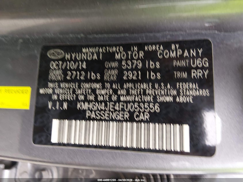 2015 Hyundai Genesis VIN KMHGN4JE4FU053556 IAAI salvage auction — FRONT END, Salvage (Louisiana), sold $1,950 on 2026-07-07 (photo 9)
