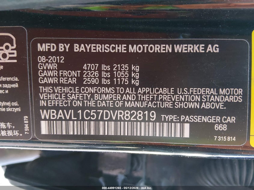 2013 BMW VIN WBAVL1C57DVR82819 IAAI salvage auction — FRONT END, Salvage (West Virginia), sold $850 on 2026-07-29 (photo 9)