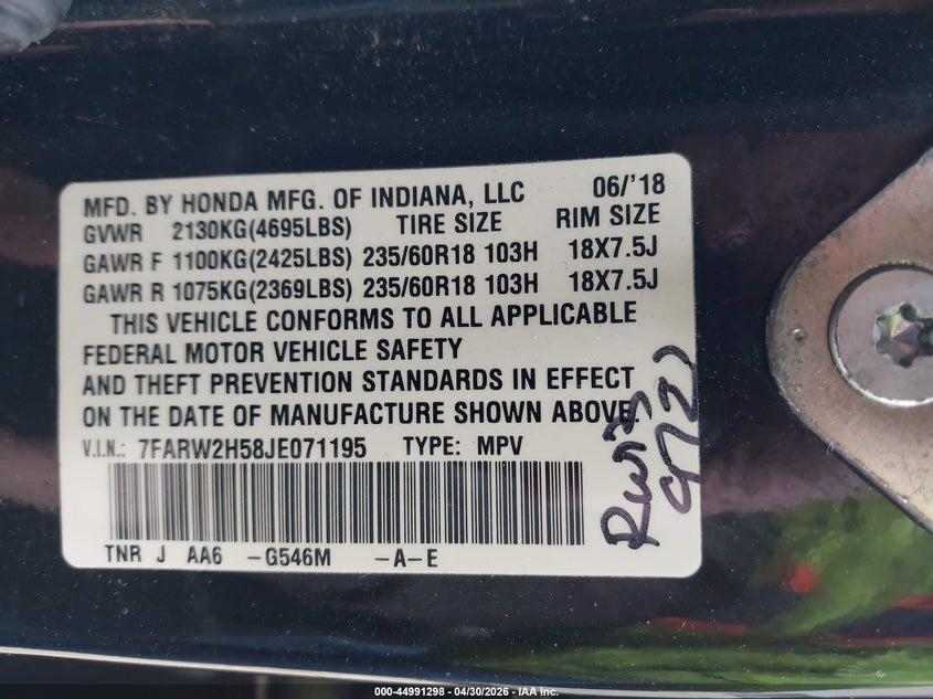 2018 Honda Cr-v VIN 7FARW2H58JE071195 IAAI salvage auction — LEFT SIDE, Salvage (Illinois), sold $7,300 on 2026-07-07 (photo 9)