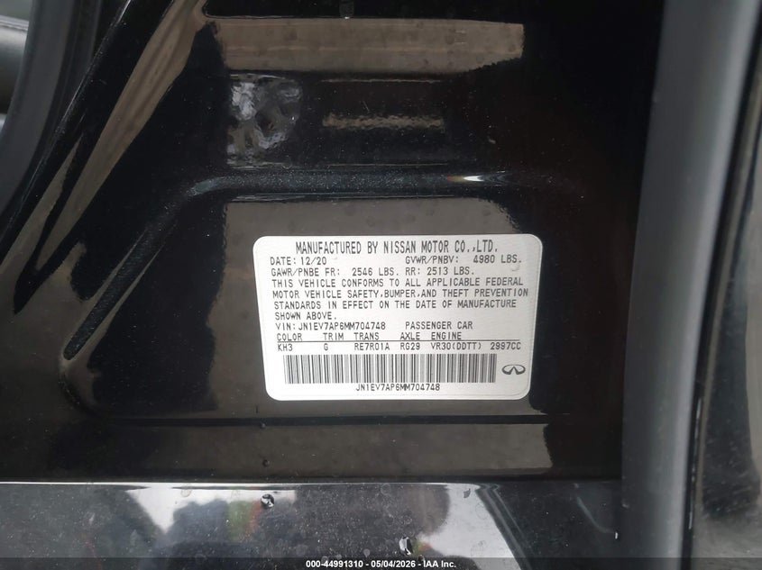 2021 Infiniti Q50 VIN JN1EV7AP6MM704748 IAAI salvage auction — REAR END, Salvage (California), sold $7,225 on 2026-07-08 (photo 9)