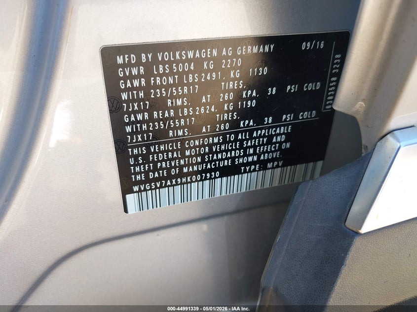 2017 Volkswagen Tiguan VIN WVGSV7AX9HK007930 IAAI salvage auction — FRONT END, Mv-907A (New York), sold $1,250 on 2026-07-07 (photo 9)