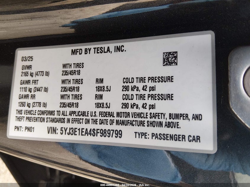 2025 Tesla Model 3 VIN 5YJ3E1EA4SF989799 IAAI salvage auction — SIDE, Salvage (Pennsylvania), sold $11,600 on 2026-07-28 (photo 8)