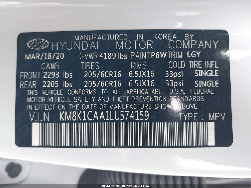 2020 Hyundai Kona VIN KM8K1CAA1LU574159 IAAI salvage auction — SIDE, Salvage Title, sold $4,800 on 2026-07-31 (photo 9)