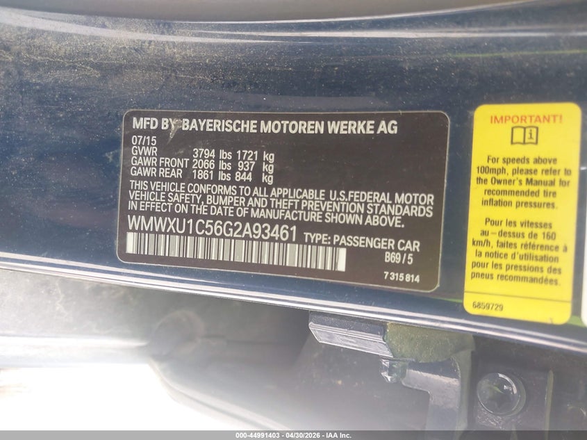 2016 Mini Hard top VIN WMWXU1C56G2A93461 IAAI salvage auction — FRONT END, Original (Texas), sold $875 on 2026-07-10 (photo 9)