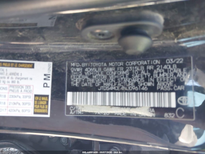 2022 Toyota Corolla VIN JTDS4MCE4NJ096146 IAAI salvage auction — FRONT END, Clear (Oklahoma), sold $2,550 on 2026-08-01 (photo 9)