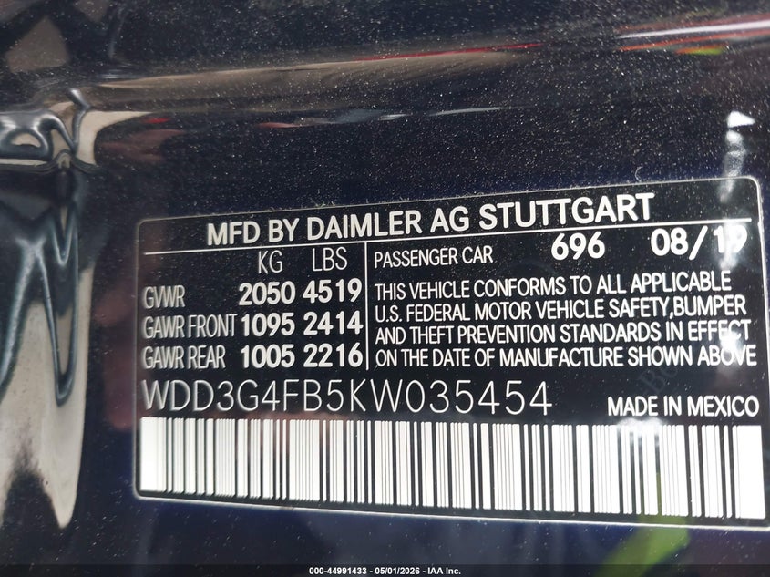 2019 Mercedes-benz A-klasse VIN WDD3G4FB5KW035454 IAAI salvage auction — UNKNOWN, Salvage Title, sold $5,100 on 2026-07-28 (photo 9)